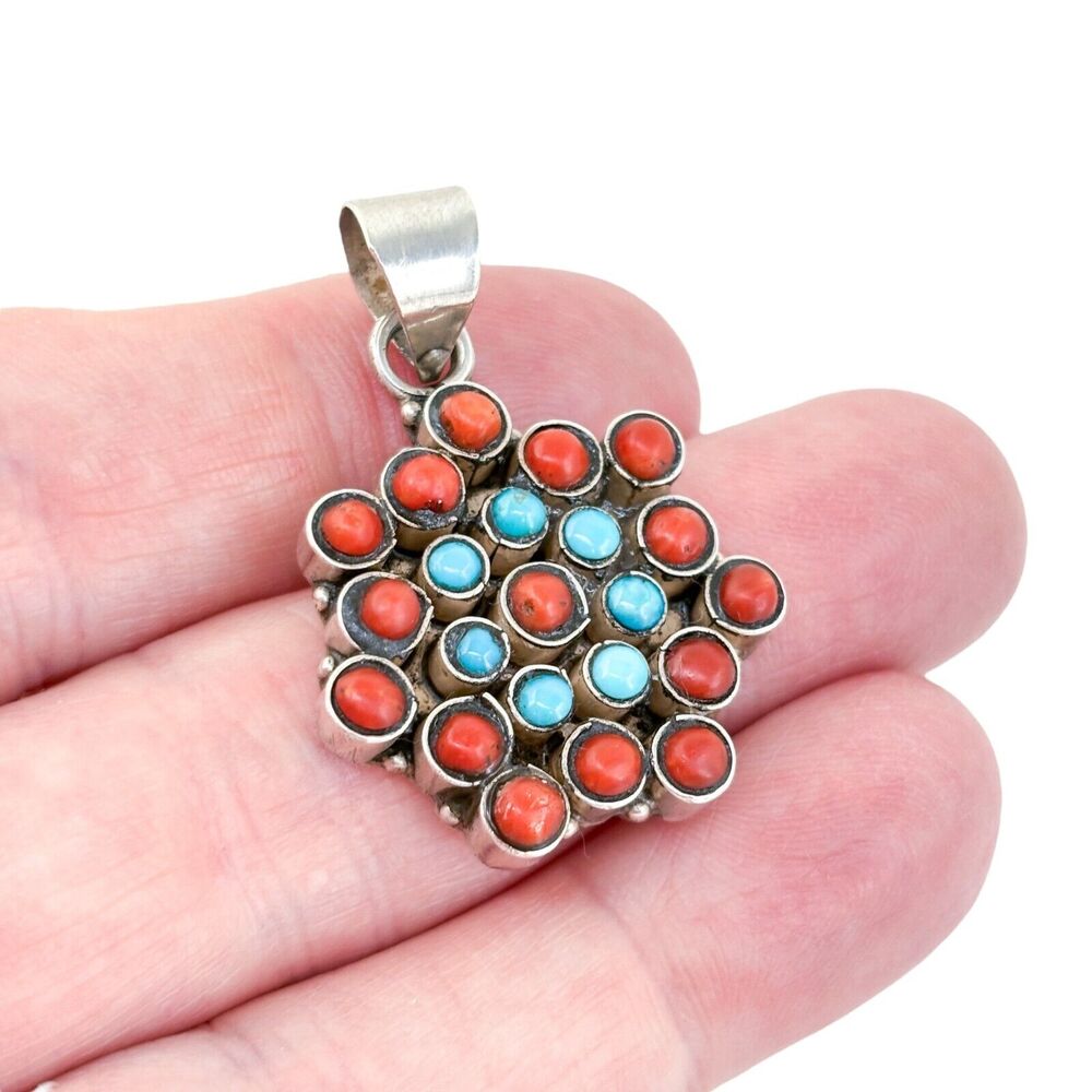 Vintage Sterling Silver 925 4cm Turquoise Coral Cluster Pendant